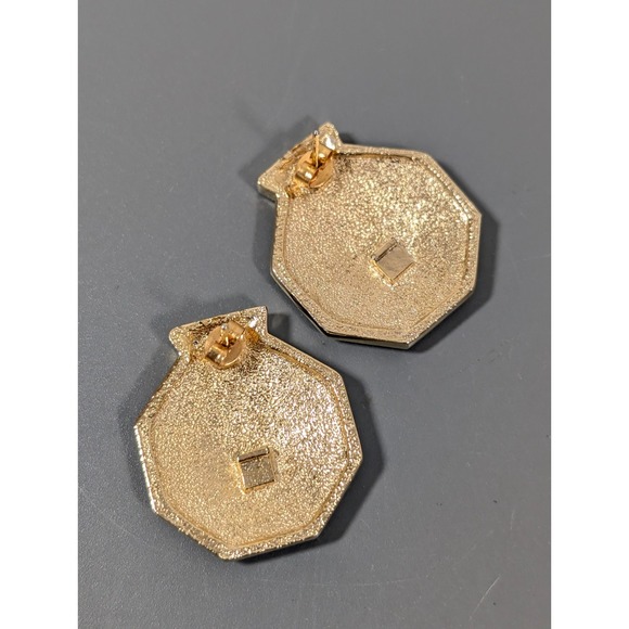 Vintage Gold Tone Octagon Earrings Cream Enamel Rhinestone Geometric (READ) - Picture 4 of 7